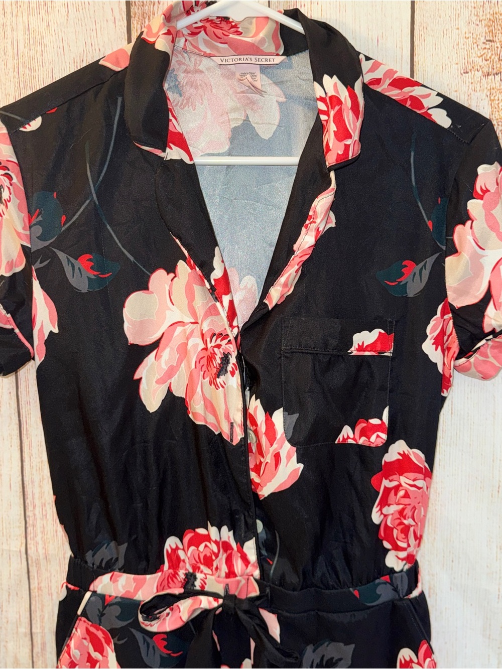 VICTORIA'S SECRET Intimates Black Satin Pink Floral Romper Tie Elastic Waist XS - Picture 5 of 13